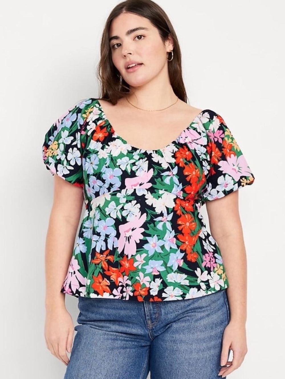 Old Navy Floral Puff Sleeve Trapeze Top Smocked Square Neckline XL